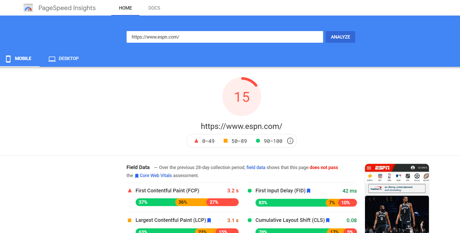 Screenshot of Page Speed Insights